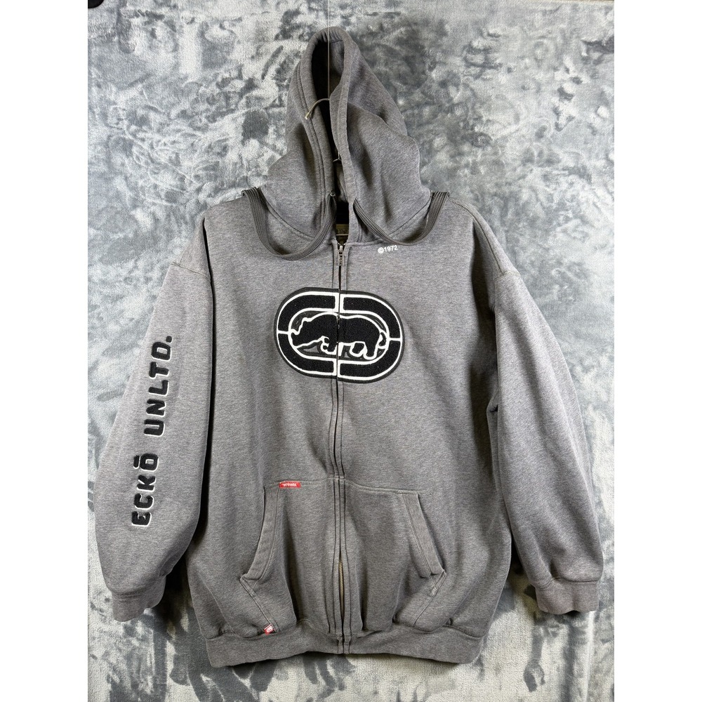 Ecko Unltd Hoodie Mens XL Gray Full Zip Fleece Sweatshirt Rhino Logo Graphic